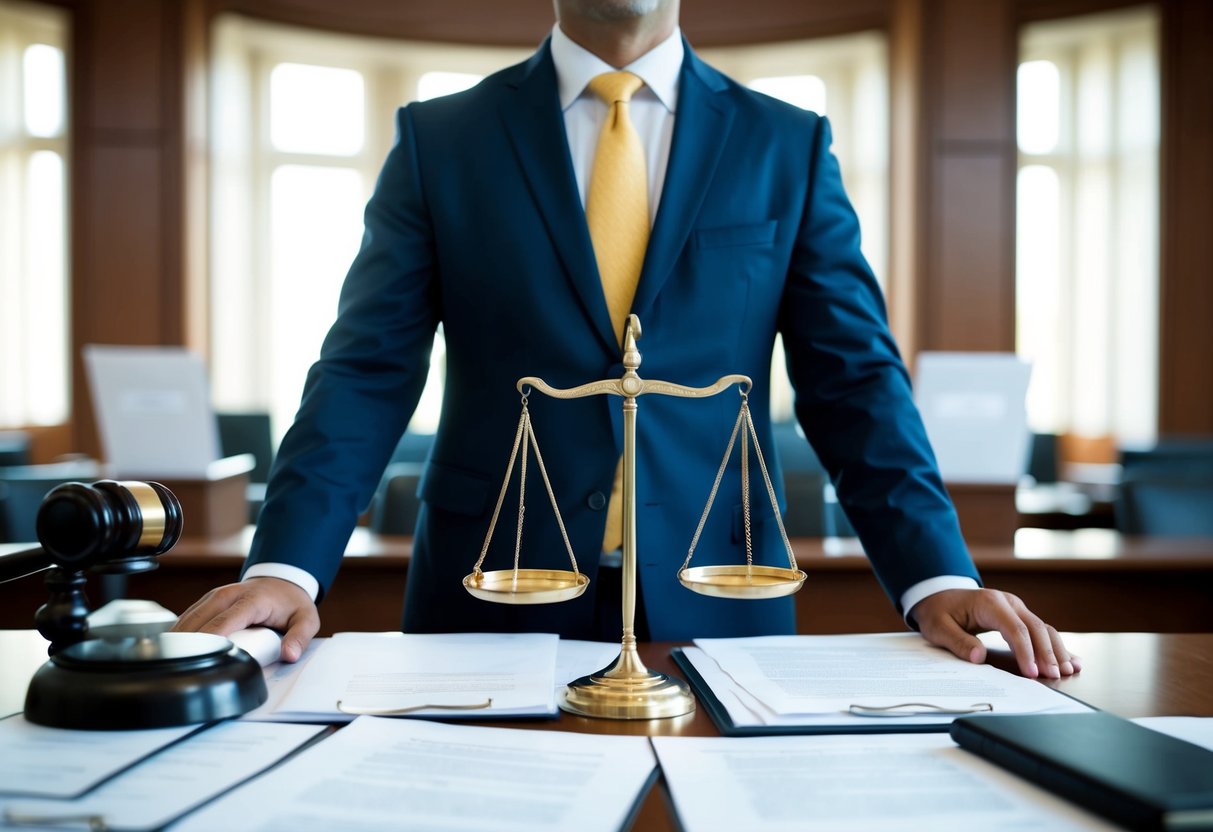 A confident lawyer standing in a courtroom, surrounded by legal documents and a scale of justice