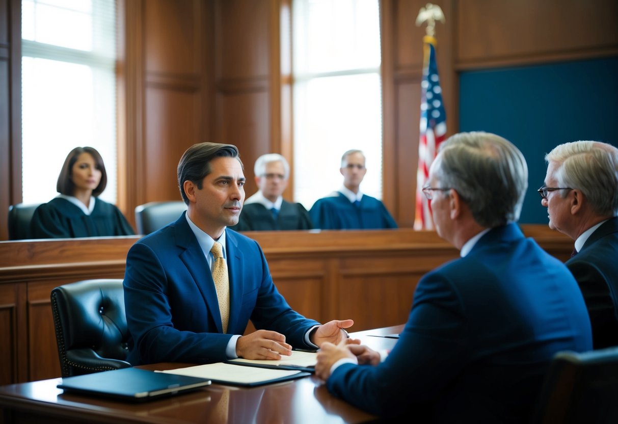 A courtroom with a lawyer presenting a case to a judge and jury