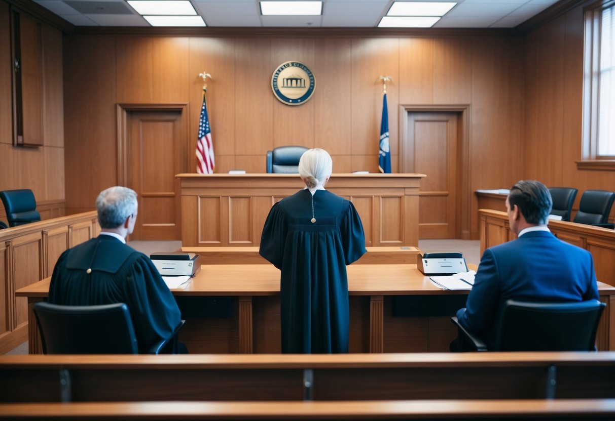 A courtroom with a judge's bench, witness stand, and seating for lawyers