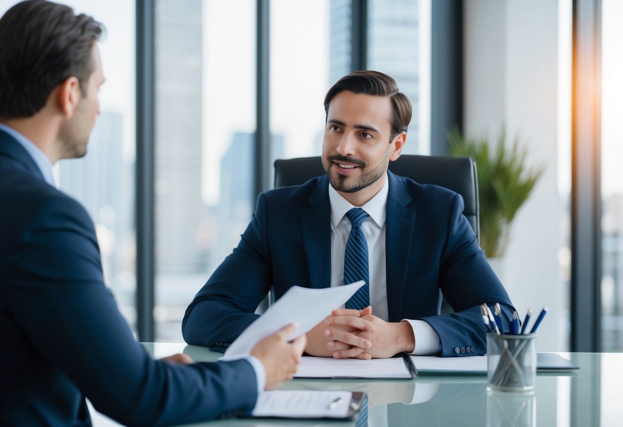 A lawyer sitting behind a desk, speaking with a client in a law office