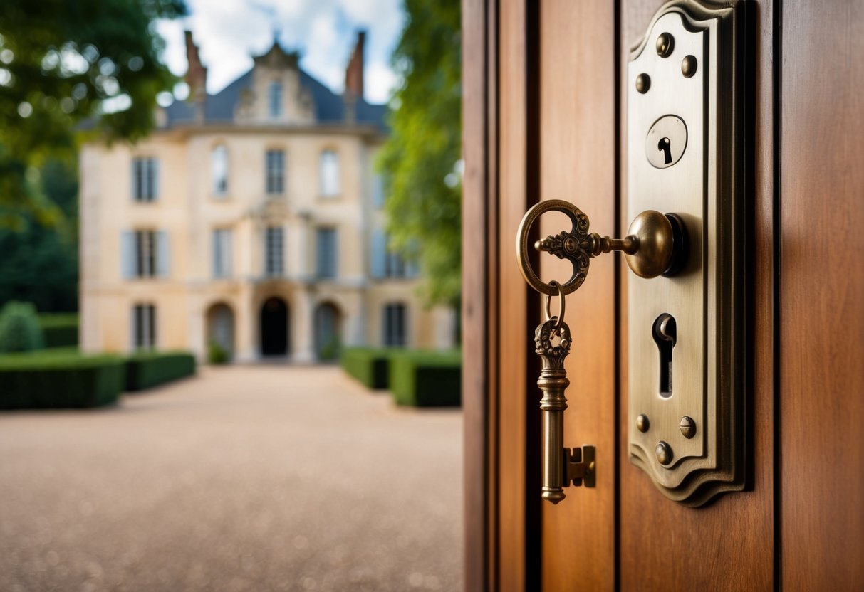 An ornate key turning in a grand old lock, opening a heavy wooden door to reveal a sprawling estate