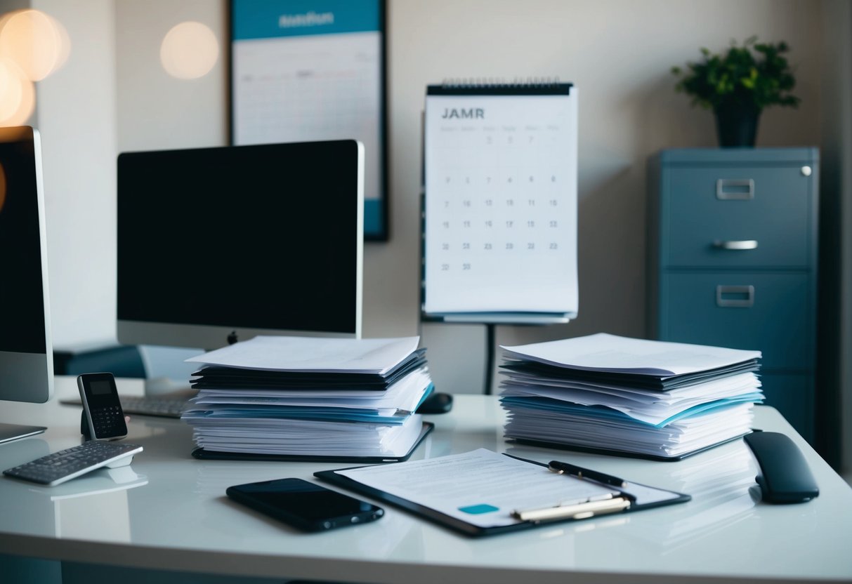 An office desk with a computer, files, and a stack of documents. A wall calendar and a phone on the desk. A filing cabinet in the background