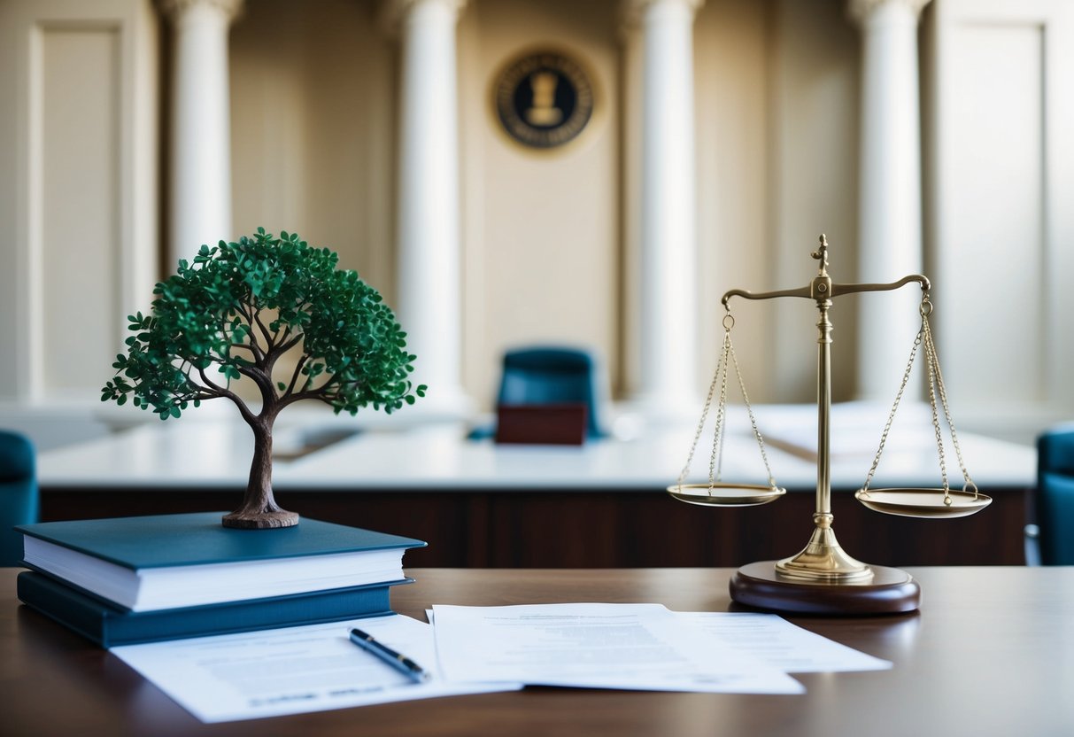 A desk with legal documents, a scale representing fairness, and a family tree symbolizing beneficiaries, set against a backdrop of a courthouse or law office