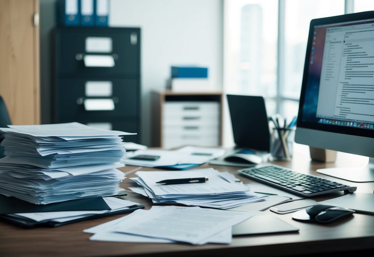 A cluttered desk with scattered papers and a computer. A stack of legal documents and a filing cabinet in the background