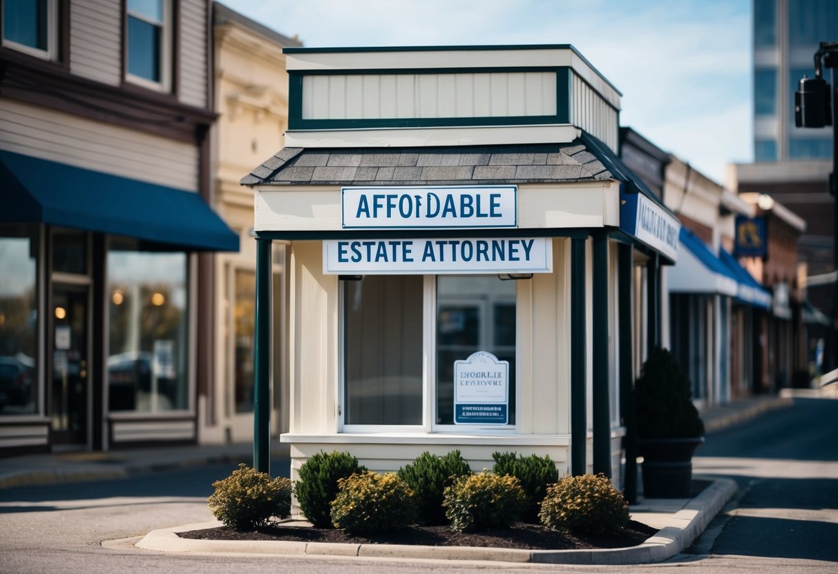A modest law office with a sign reading "Affordable Estate Attorney" stands in a bustling downtown area, surrounded by other professional businesses