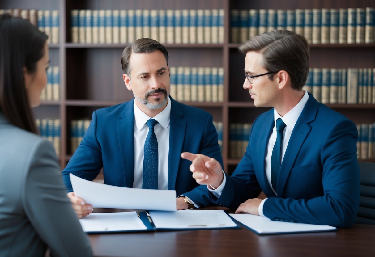 A family law attorney sits at a desk, discussing documents with a client. A bookshelf filled with legal volumes stands in the background