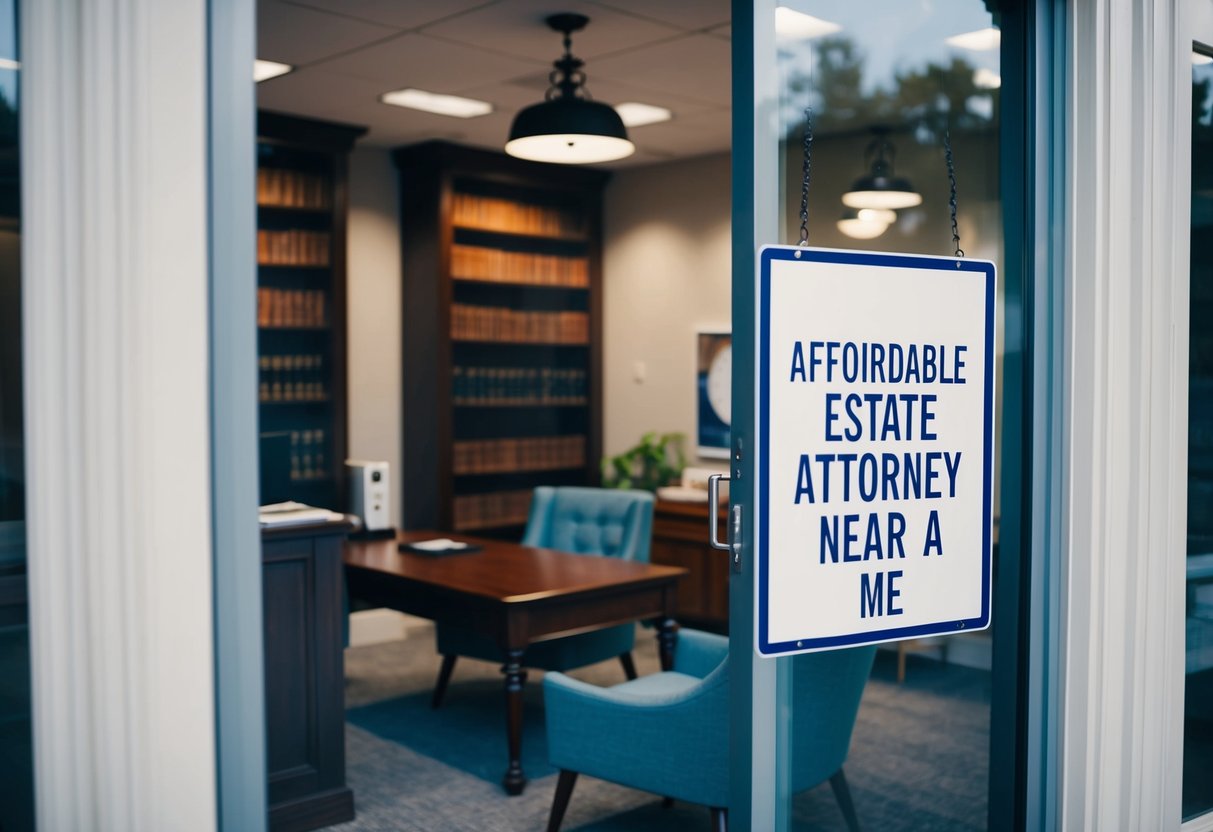A small, cozy law office with a desk, bookshelves, and a comfortable seating area. A sign outside reads "Affordable Estate Attorney Near Me."