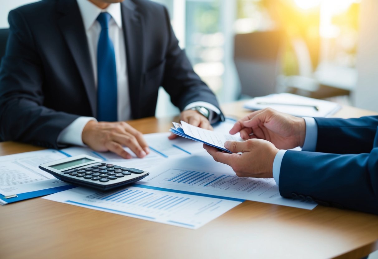 An estate attorney sitting at a desk, reviewing financial documents with a client. A calculator and legal papers are spread out on the table