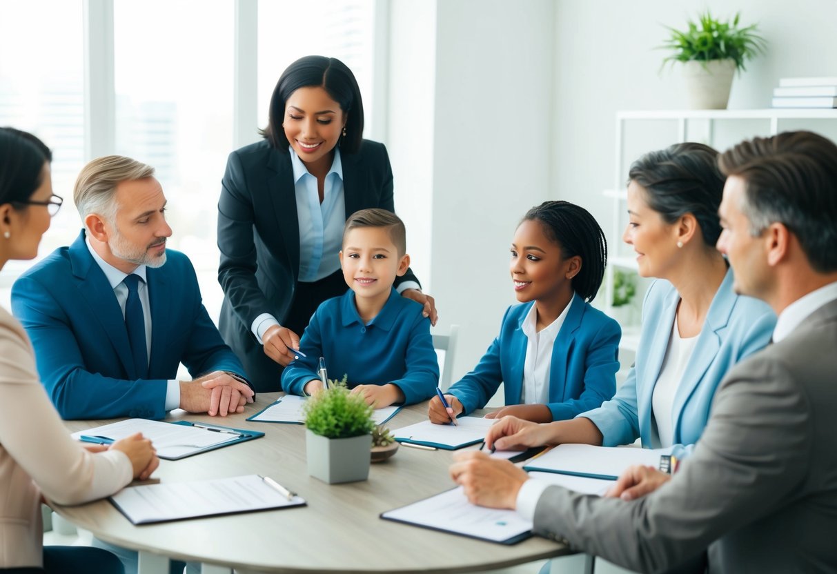 A family sitting around a table with an attorney, discussing estate planning documents and financial options for different life stages