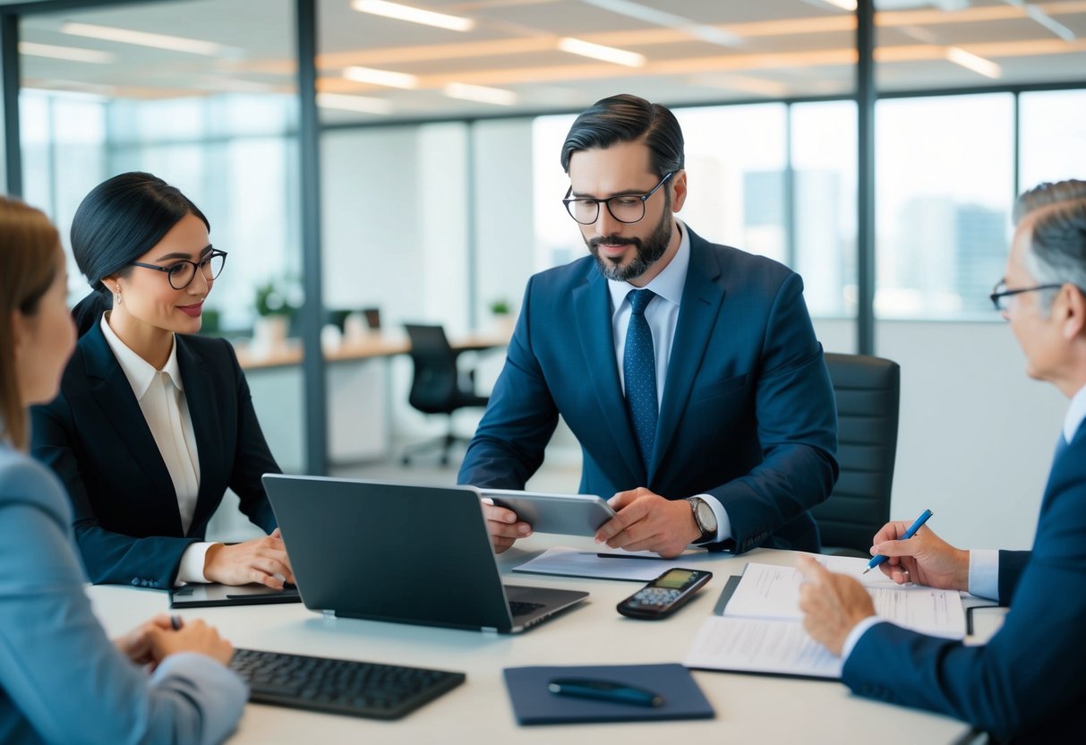 A modern office with a lawyer using digital tools to assist clients in estate planning