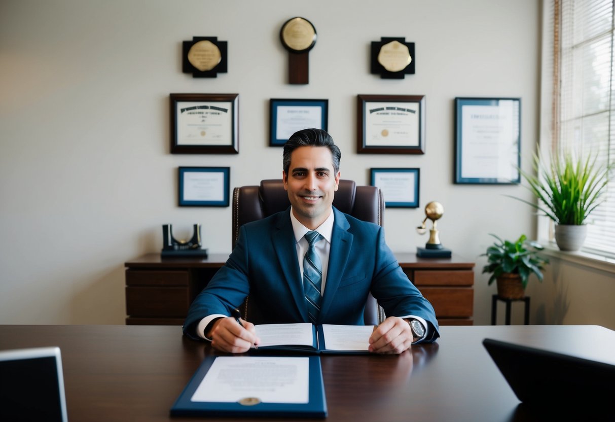 An attorney's office with awards on the wall, positive client testimonials, and a professional demeanor