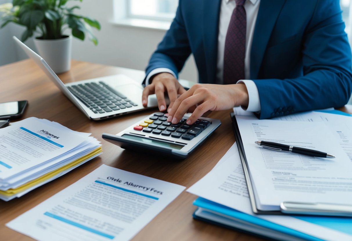 A person sitting at a desk surrounded by paperwork and a calculator, with a laptop open and a stack of legal documents, pondering the tax deductibility of estate attorney fees