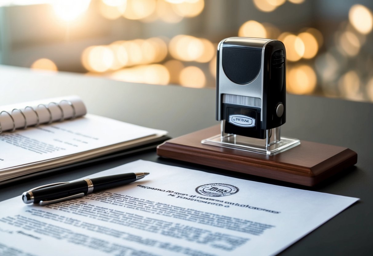 A desk with legal documents, a pen, and a notary stamp Attorney for Wills and Power of Attorney