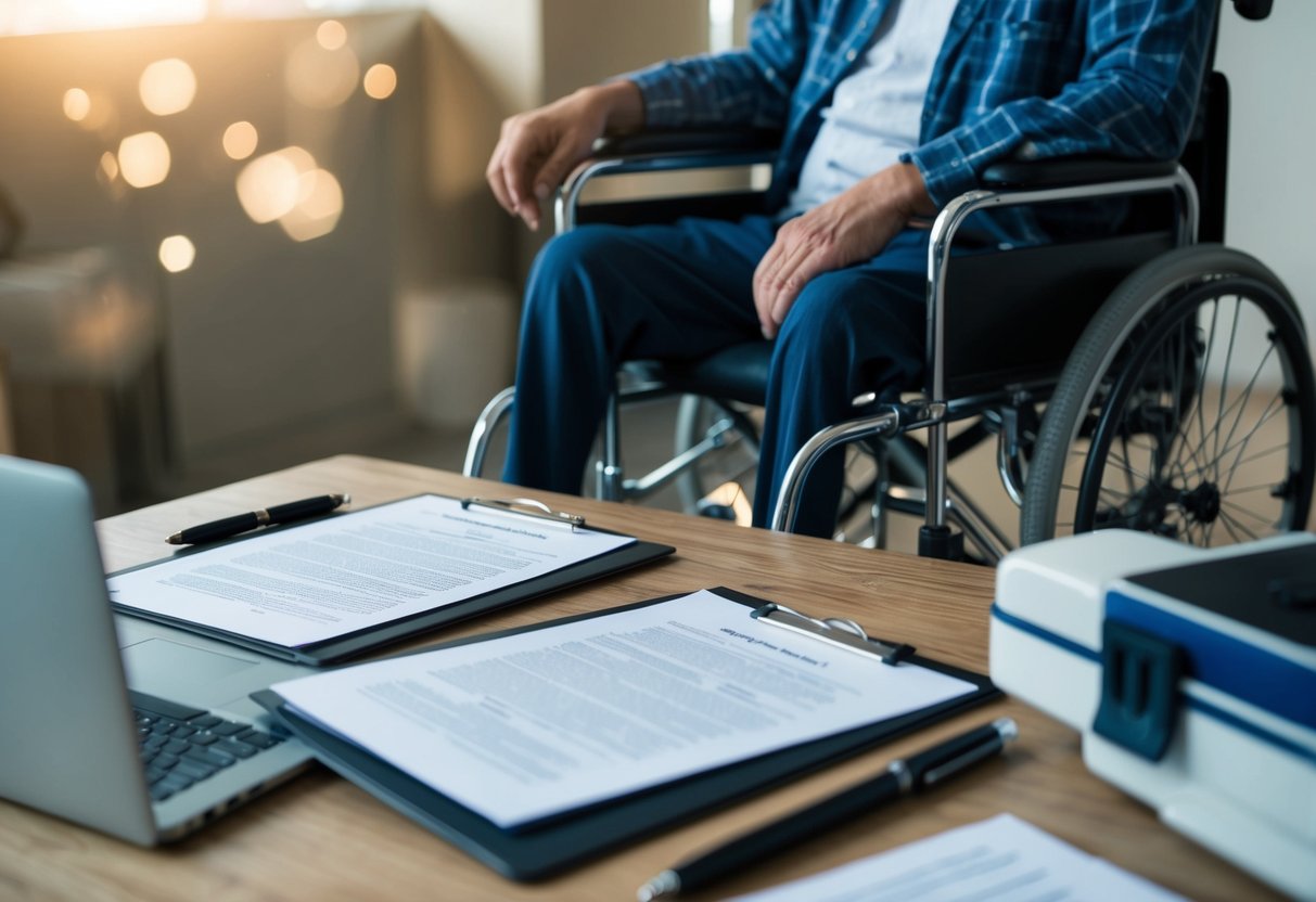 A cluttered desk with legal documents, a pen, and a laptop. A person sits in a wheelchair, surrounded by medical equipment Attorney for Wills and Power of Attorney
