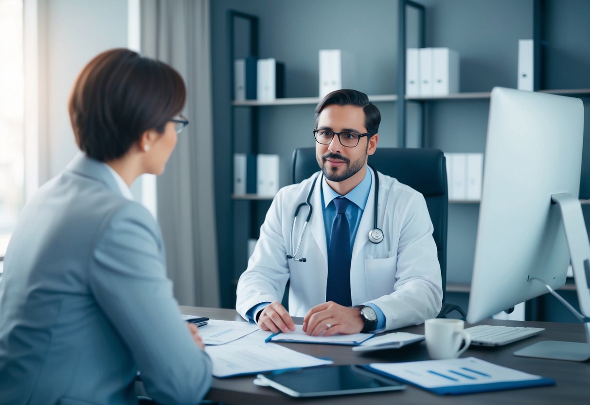 A lawyer sitting at a desk, surrounded by legal documents and a computer, discussing healthcare decisions with a client Attorney for Wills and Power of Attorney