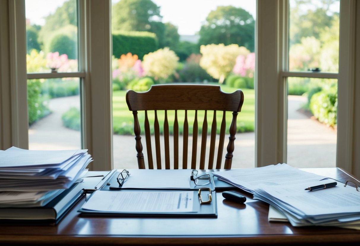 A desk cluttered with legal documents, a pen, and a sturdy oak chair facing a window with a view of a peaceful garden