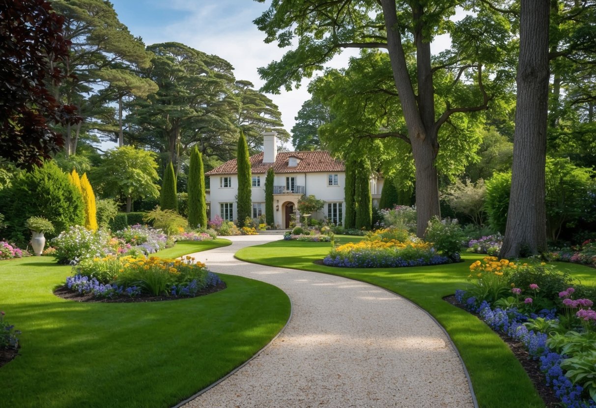 A peaceful garden with a winding path leading to a secluded estate. Tall trees and colorful flowers surround the property, creating a serene and idyllic setting
