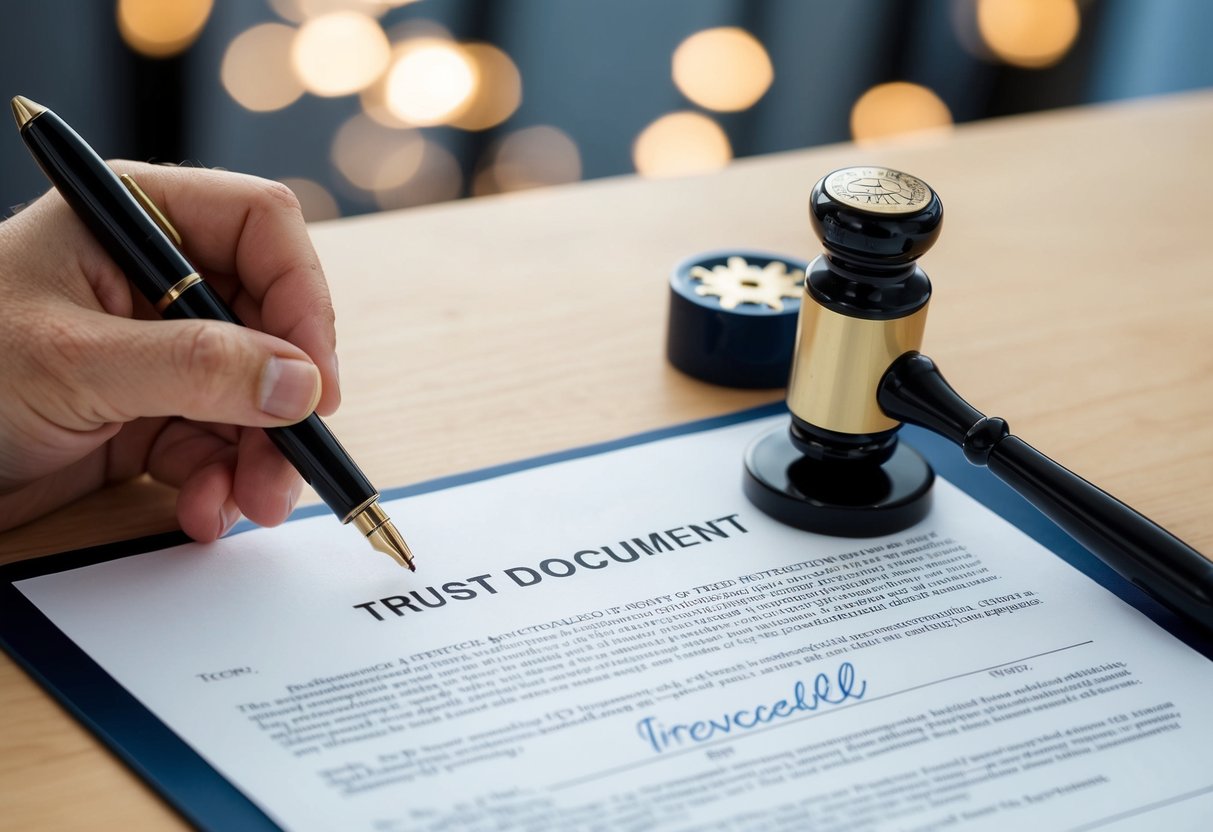 A trust document being altered from "revocable" to "irrevocable" with a notary stamp and signature