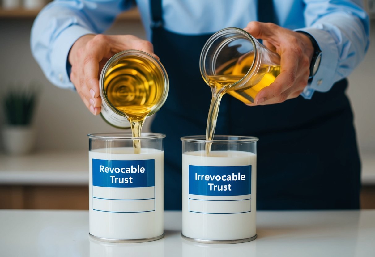A person pouring liquid from one container into another, with both containers labeled "Revocable Trust" and "Irrevocable Trust."