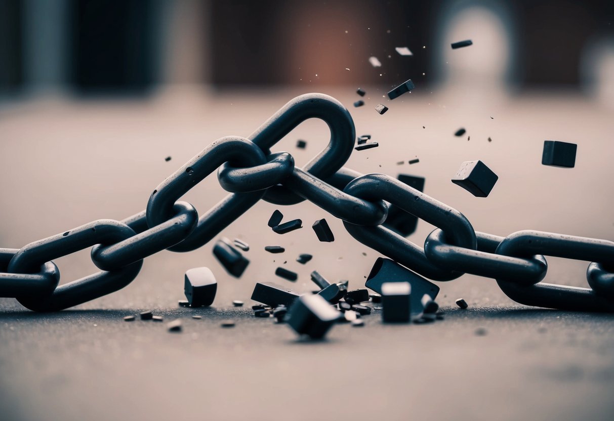 A chain breaking apart into scattered pieces