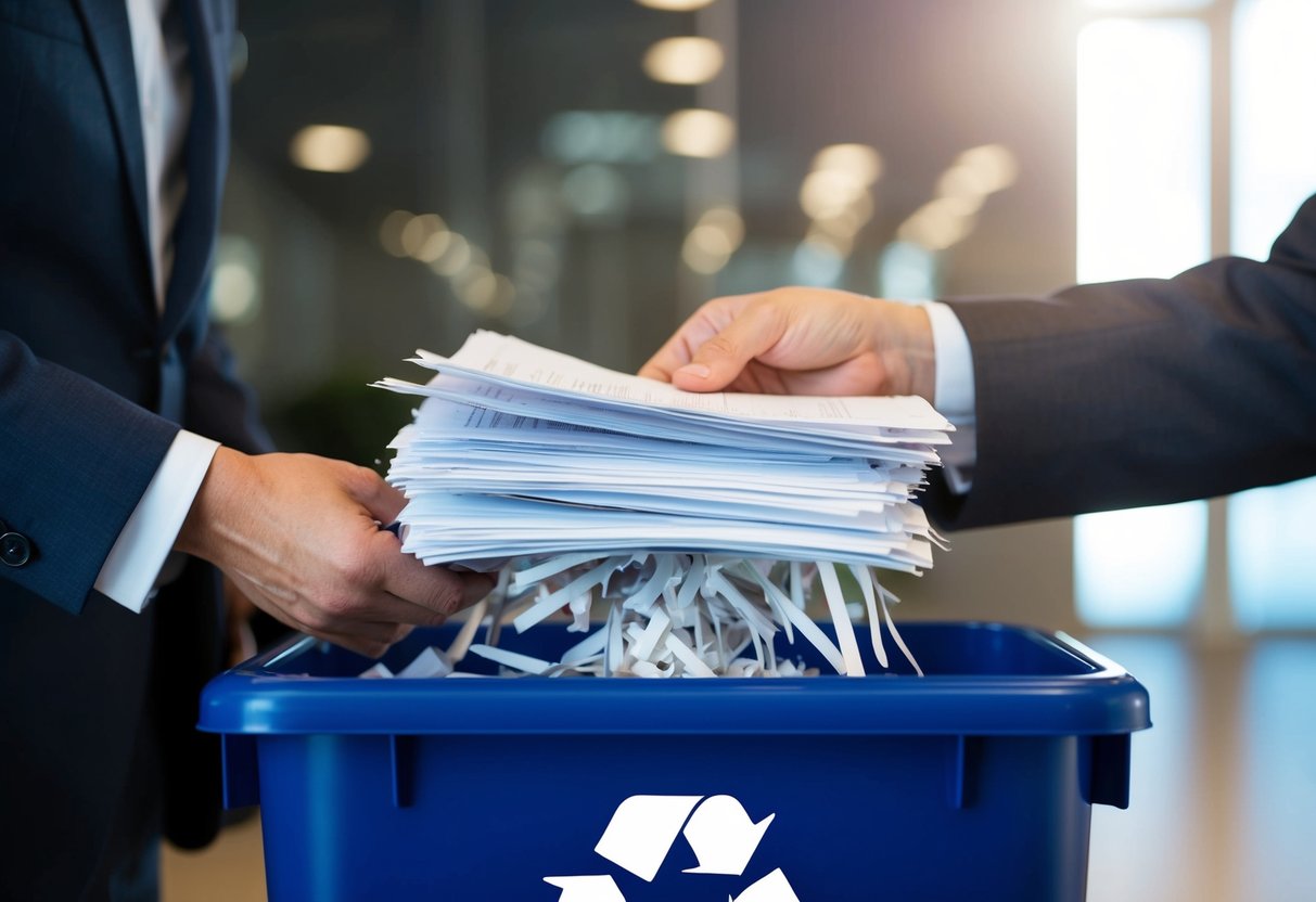 A stack of legal documents being shredded into a recycling bin