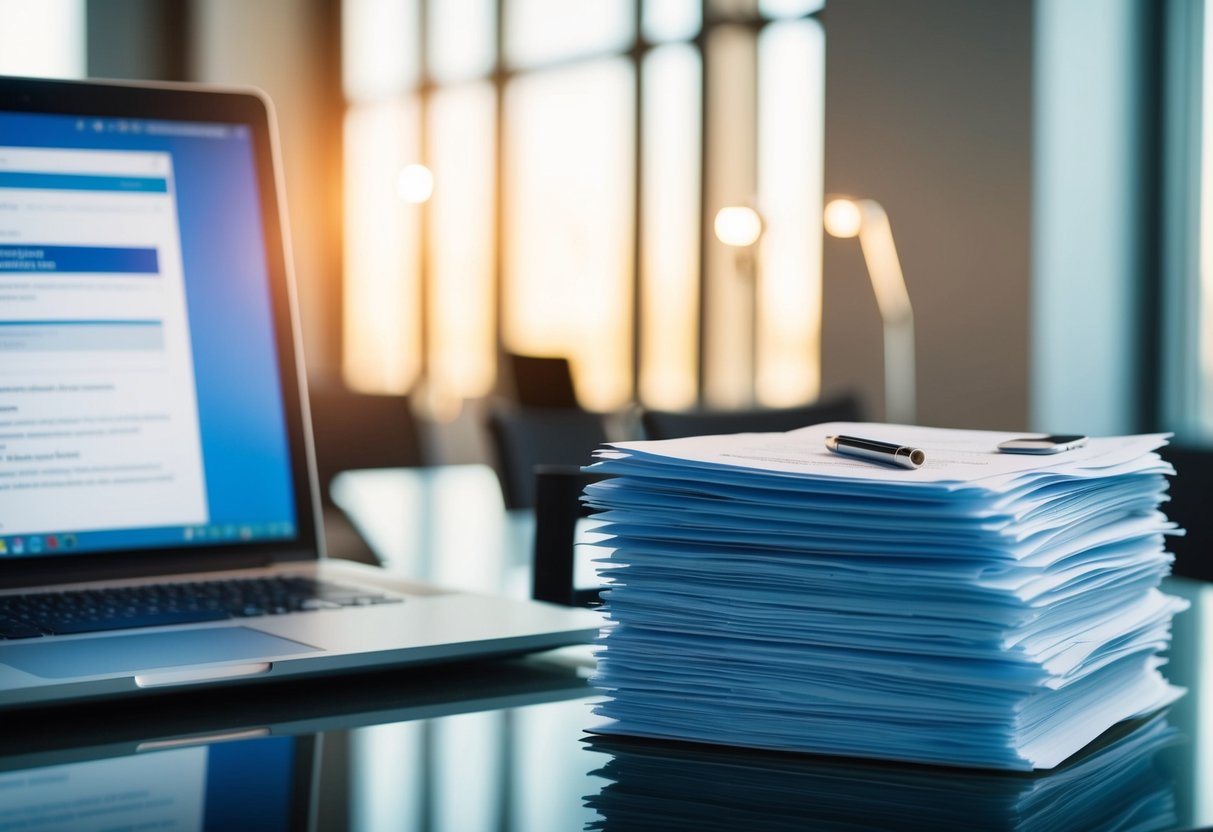 A stack of legal documents and a computer with online banking open