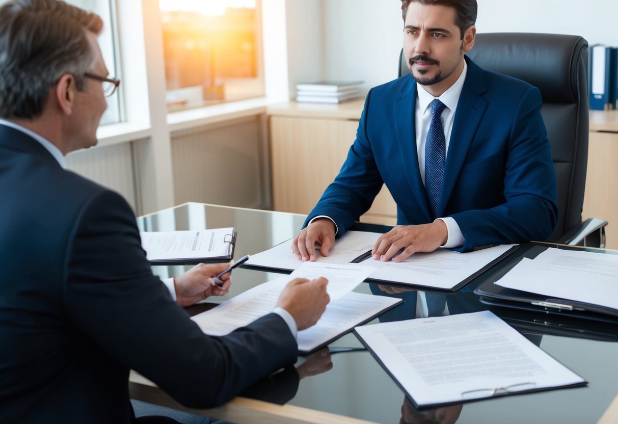 A lawyer's office with a desk, chair, and legal documents. A person sits across from the lawyer, discussing wills