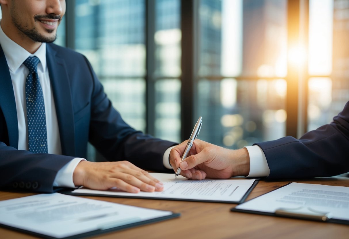 A person signing legal documents with a lawyer present