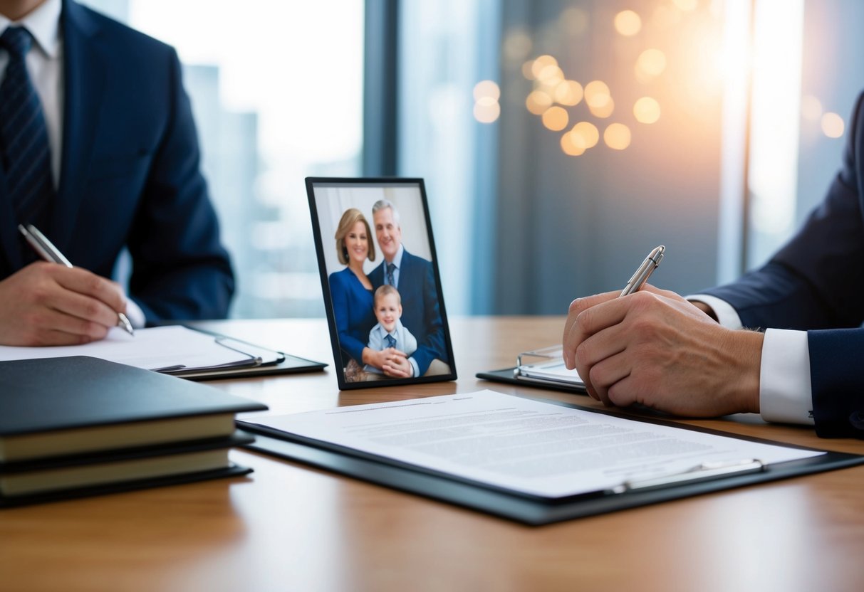 A lawyer's desk with legal documents and a family photo