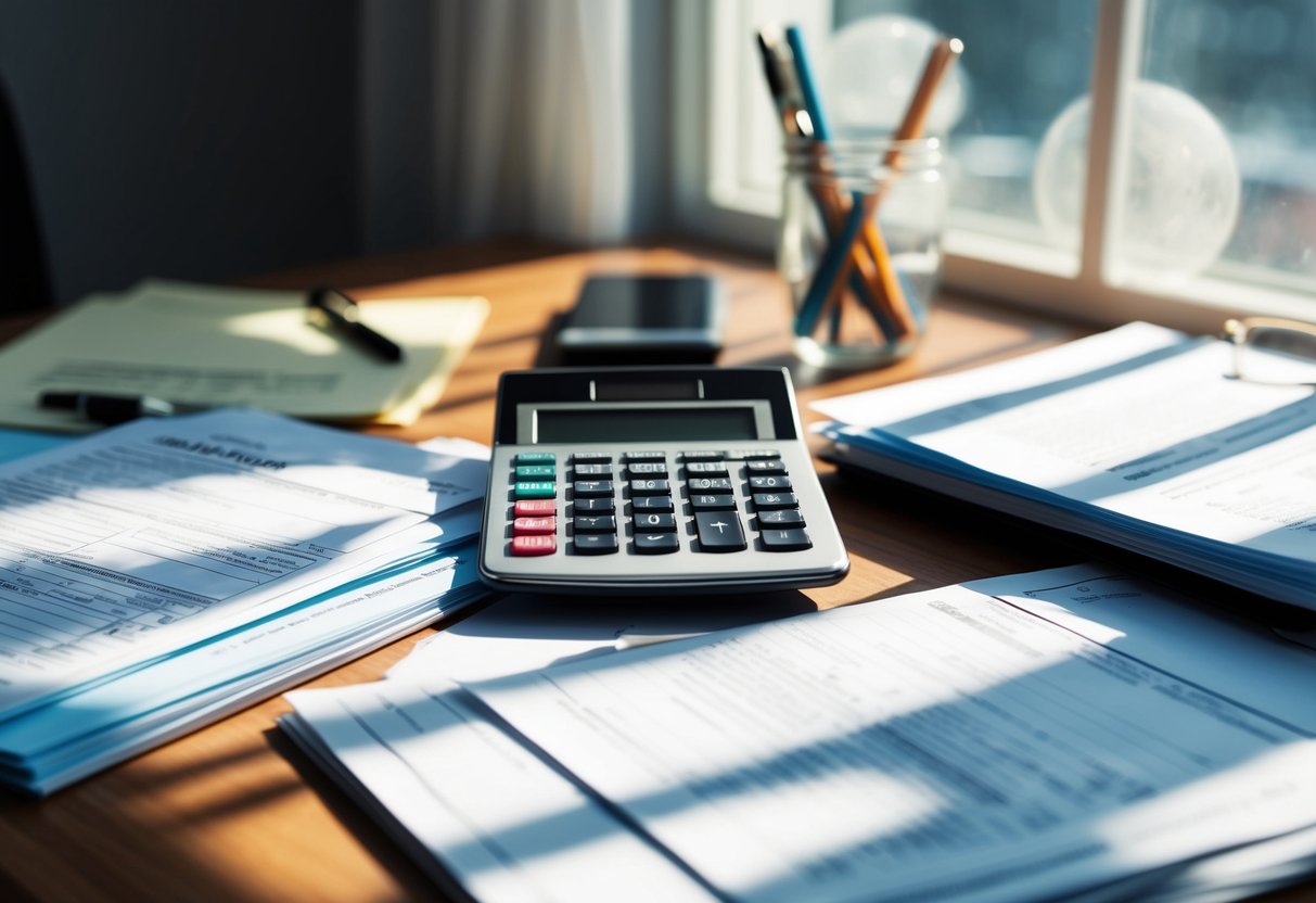 A cluttered desk with tax forms, calculator, and legal documents. Sunlight streams in through a window, casting shadows on the paperwork