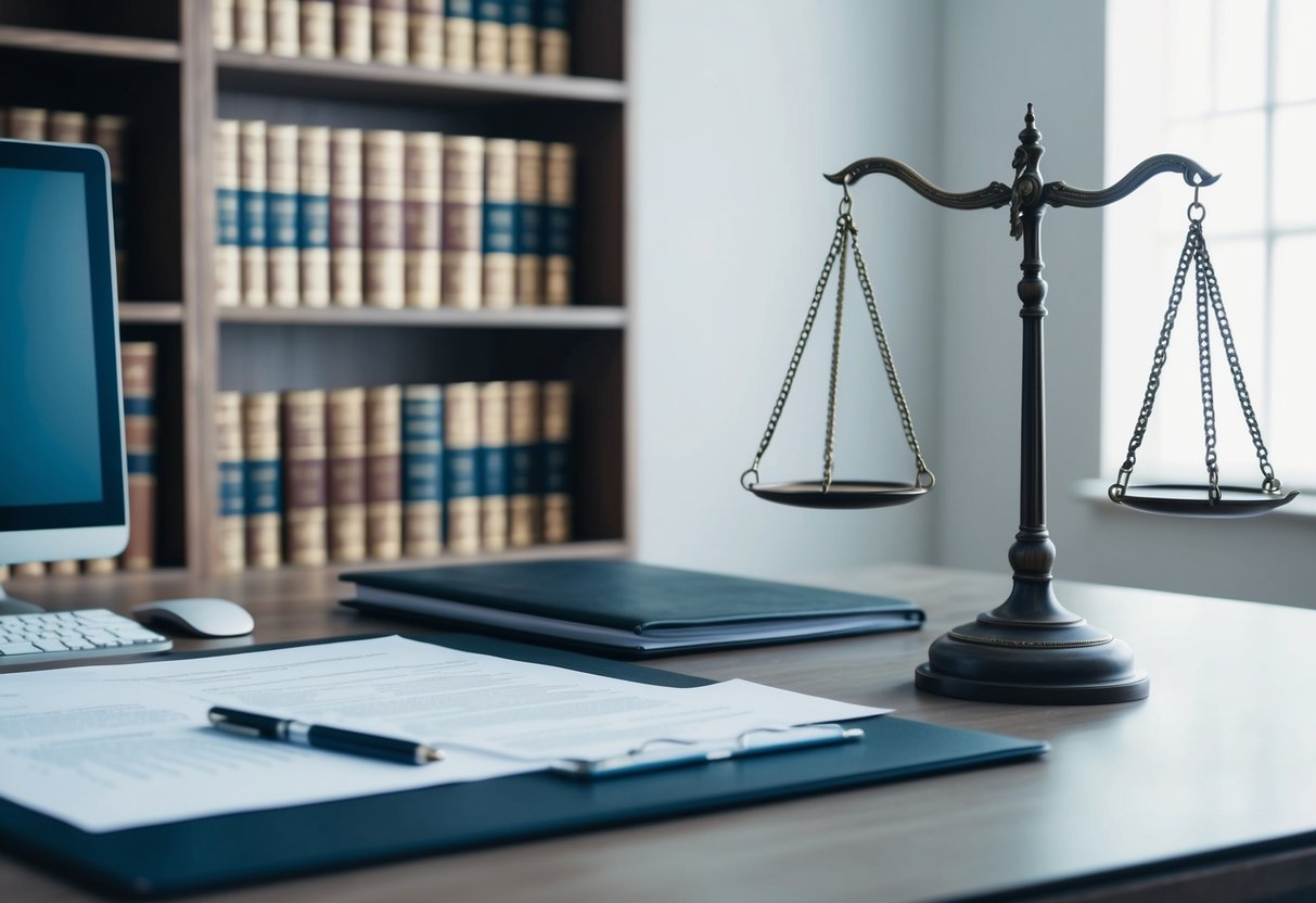A desk with legal documents, a pen, and a computer. A bookshelf filled with law books. An old-fashioned scale representing justice Do You Need an Attorney to Settle an Estate