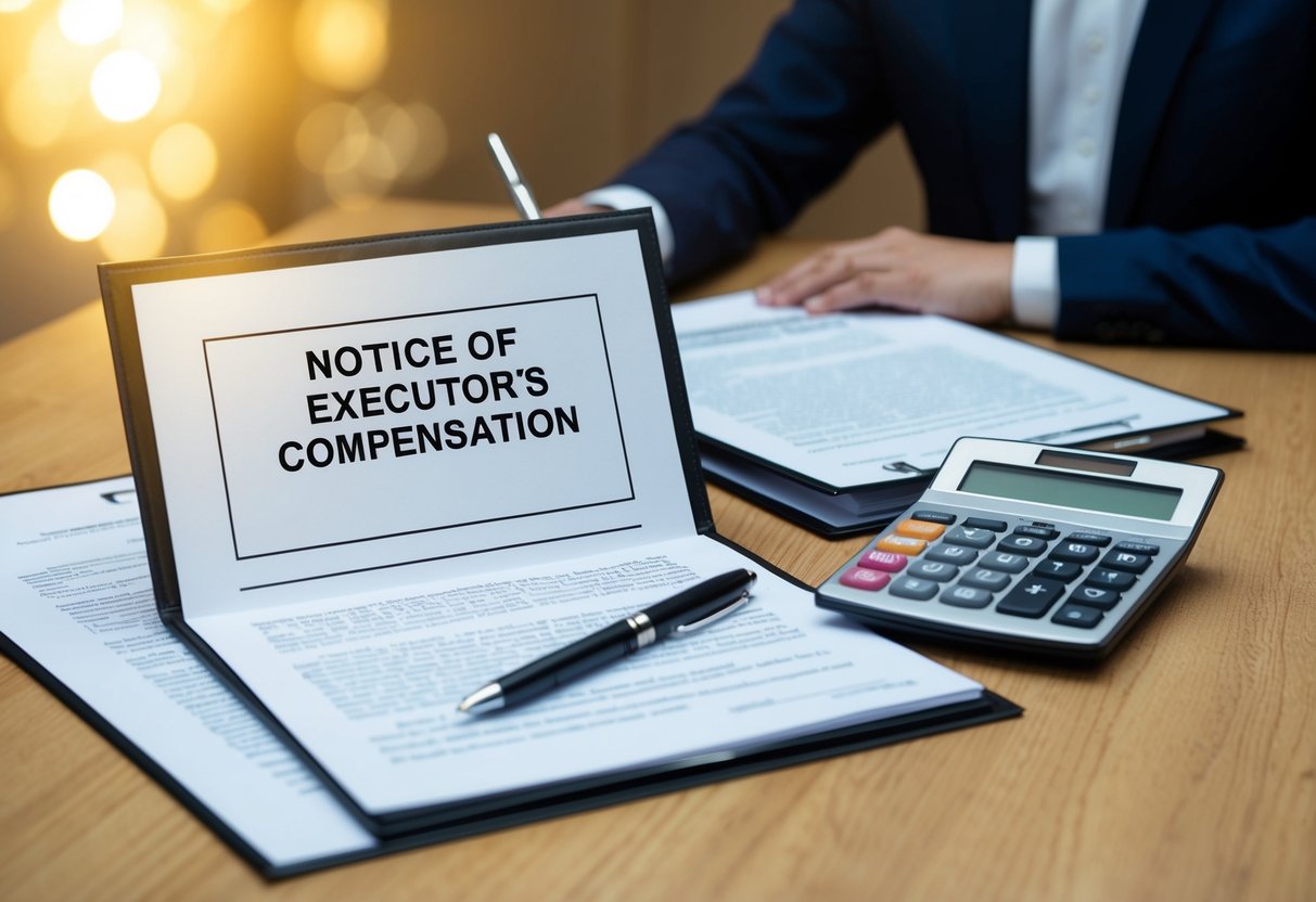 A desk with legal documents, a pen, and a calculator. A formal notice of executor's compensation is displayed prominently
