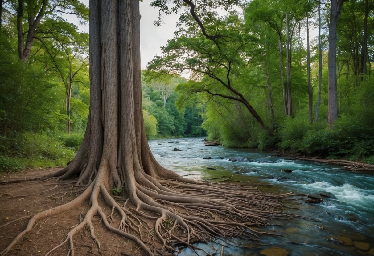 A serene forest clearing with a single, ancient tree standing tall, its roots entwined with a flowing river
