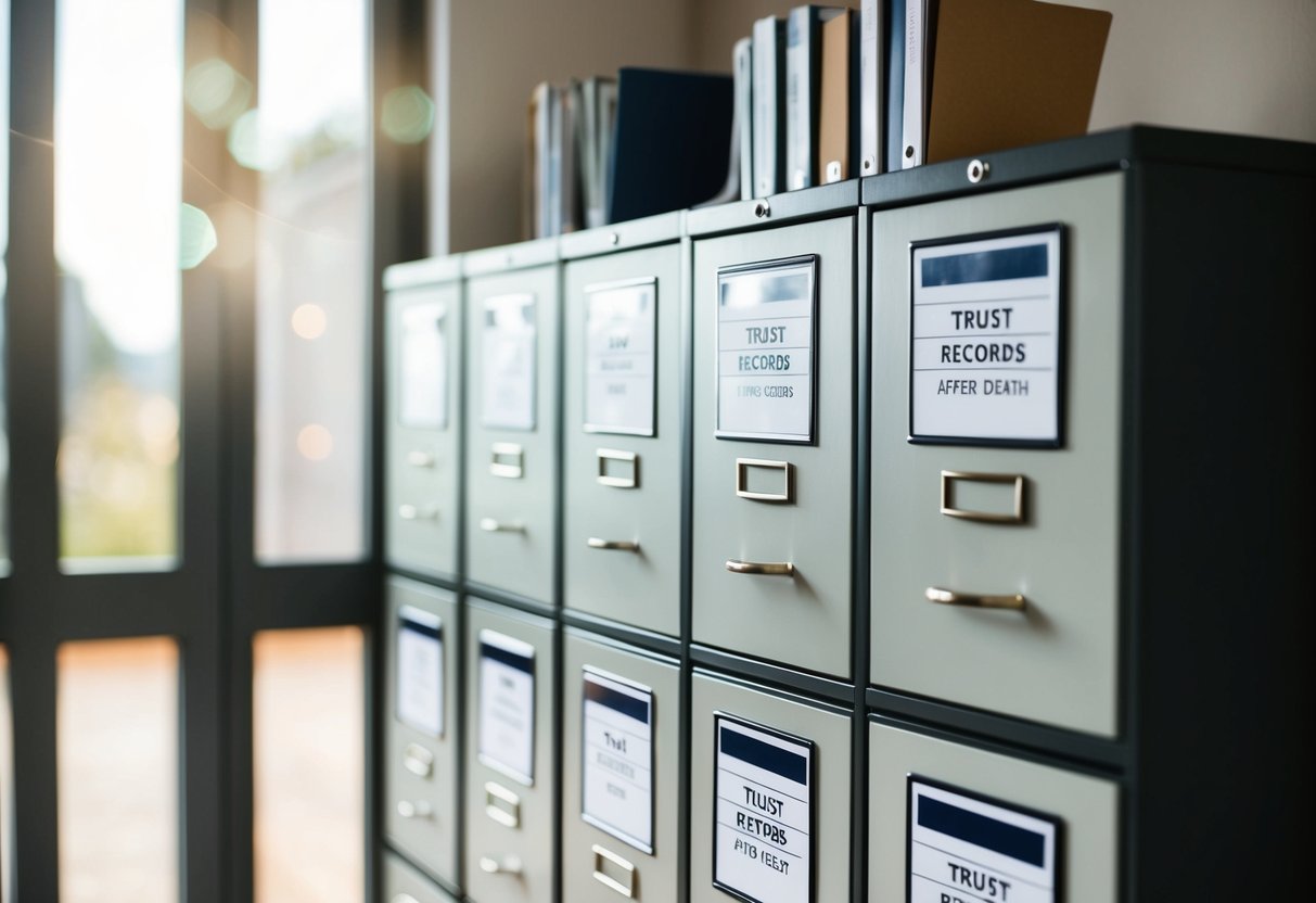 A filing cabinet with labeled folders for trust records after death