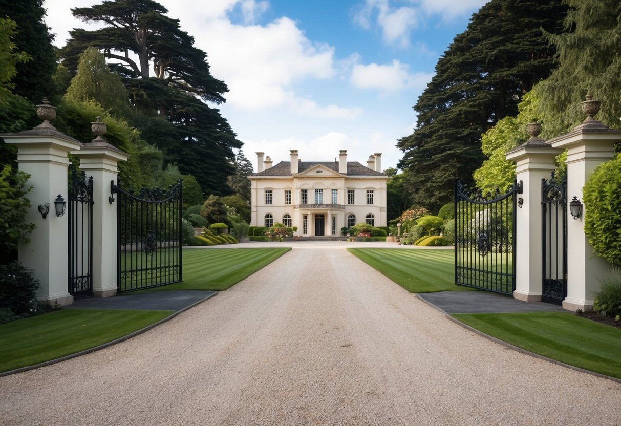 A grand mansion surrounded by lush gardens and towering trees, with a wrought iron gate and a long driveway leading up to the estate