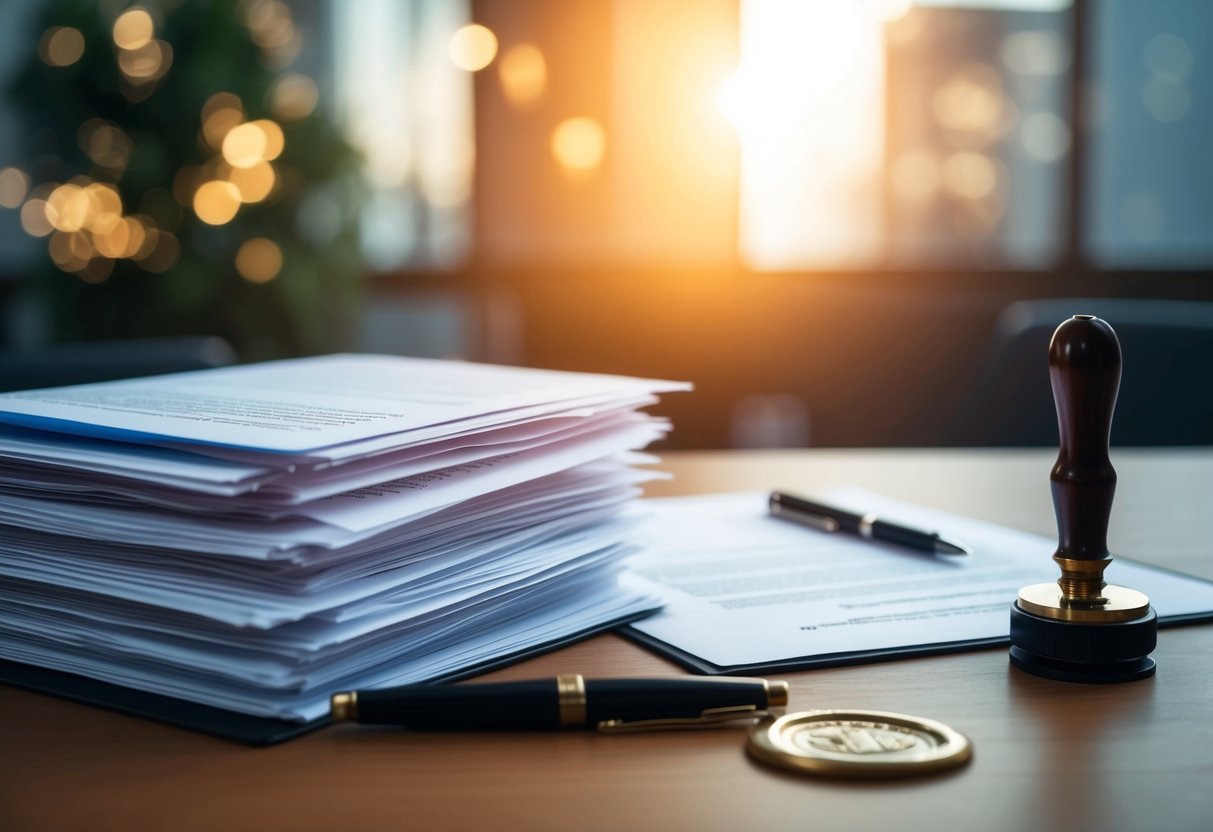 A stack of legal documents on a desk with a pen and a seal stamp