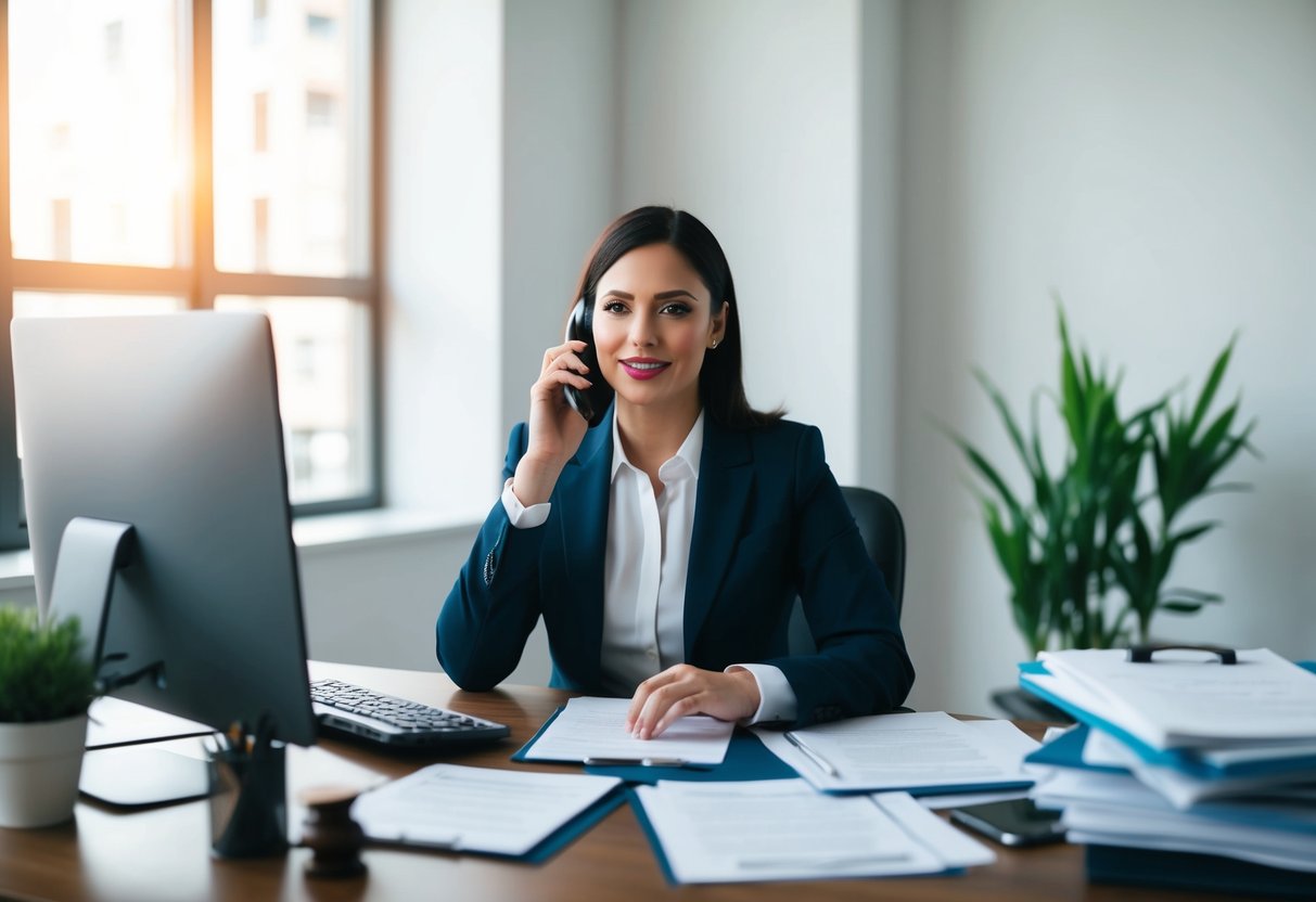 An estate administration lawyer sitting at a desk, surrounded by legal documents and a computer, speaking on the phone with a client