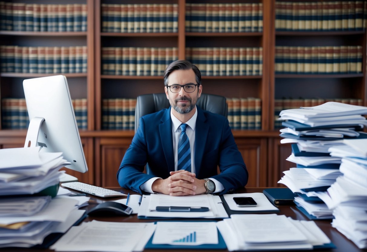 A lawyer sitting at a desk, surrounded by piles of paperwork and legal documents. A computer and phone are on the desk, and a large bookshelf filled with legal books is in the background