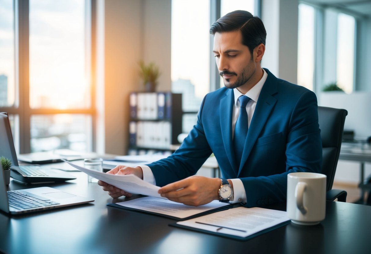 A lawyer reviewing real estate documents in an office