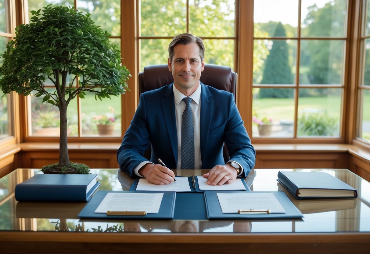 A lawyer sits at a desk, surrounded by legal documents and a family tree. A warm, inviting office with large windows overlooks a peaceful garden