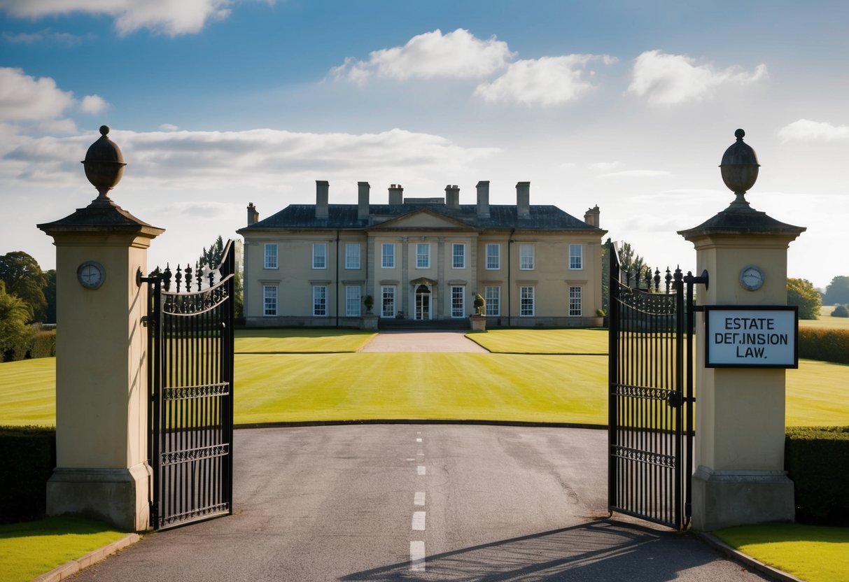 A grand mansion surrounded by a vast expanse of land, with a gated entrance and a sign displaying 