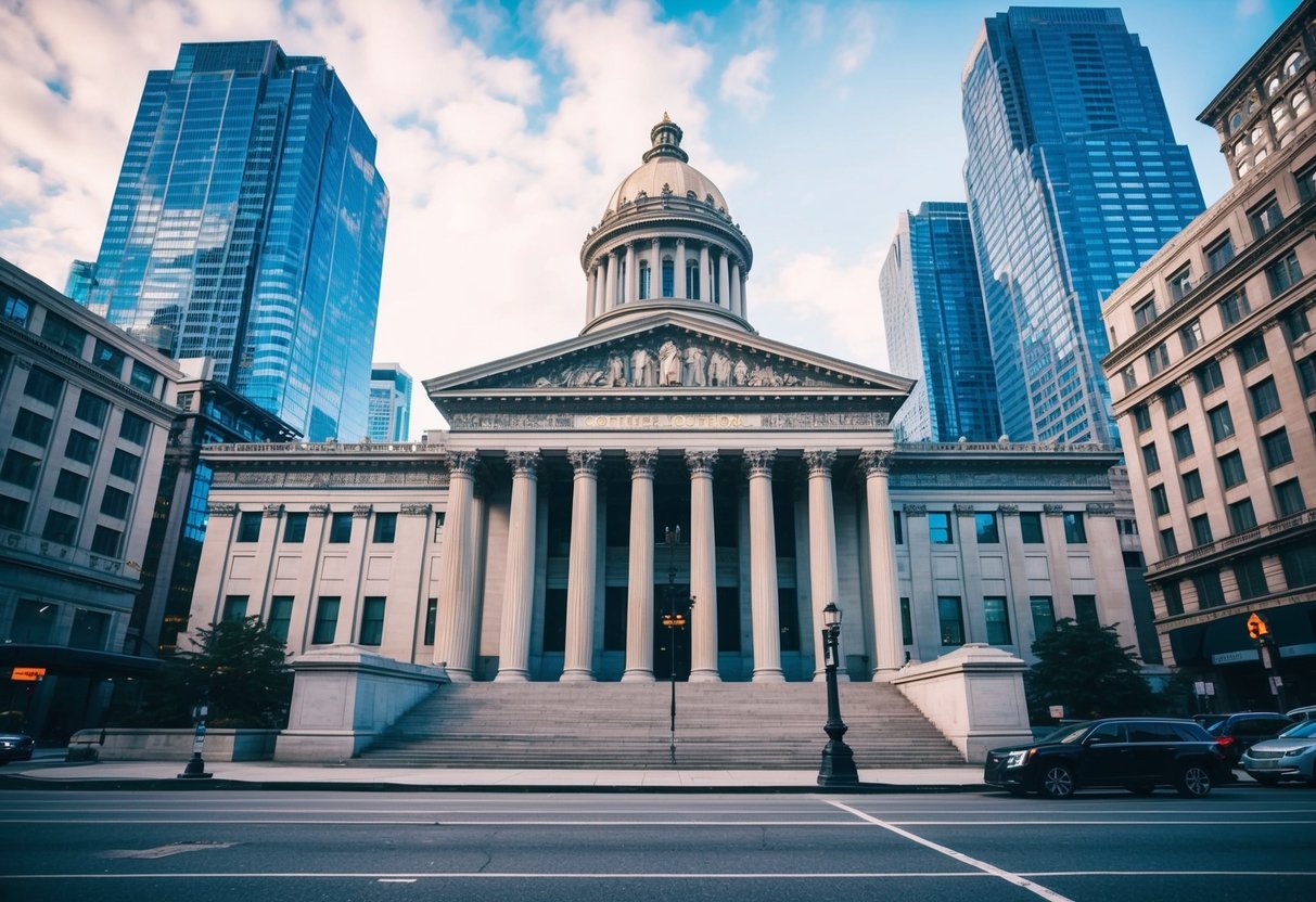 A grand, ornate courthouse with columns and a gavel, surrounded by towering skyscrapers and bustling city streets