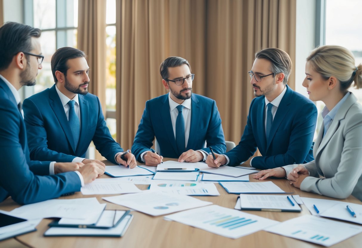 A group of professionals sit around a table, discussing estate law. Papers and legal documents are spread out as they consult and collaborate