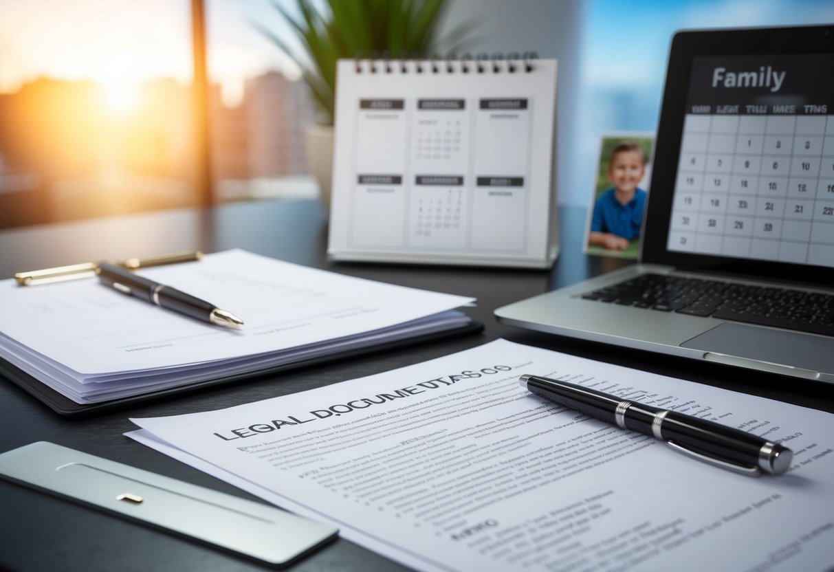 A desk with a pen, paper, and legal documents. A calendar with important dates and a family photo in the background