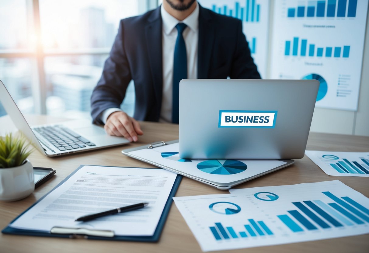 A desk with legal documents, a laptop, and a business logo, surrounded by financial charts and graphs estate planning for business owners