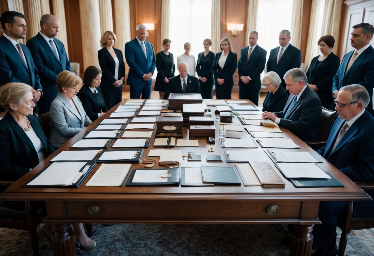A large wooden table covered with legal documents and family heirlooms, surrounded by somber relatives and lawyers estate settlement after death