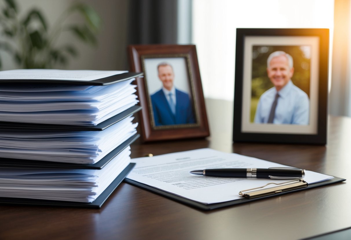 A stack of legal documents and a pen on a desk, with a framed photo of a family member in the background estate settlement after death