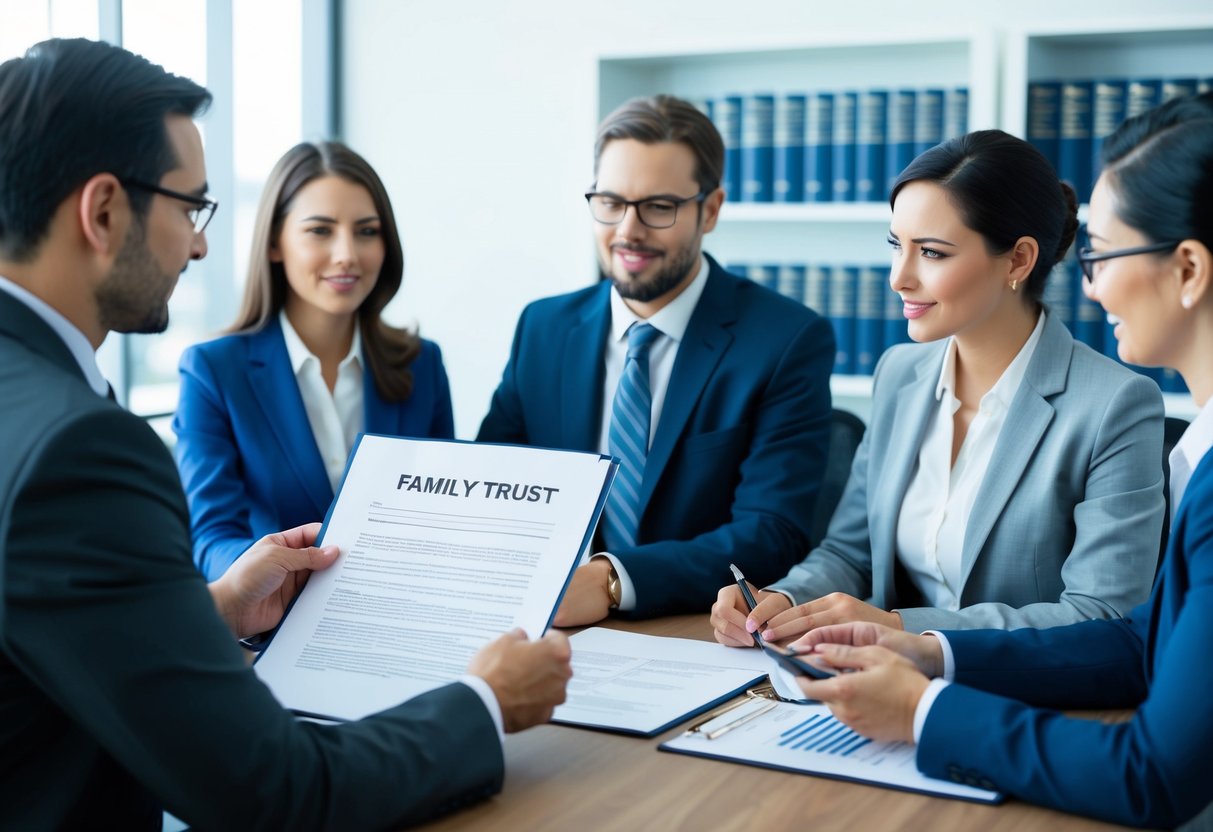 A family trust document is being reviewed by a group of professionals in a well-lit, modern office setting, with shelves of legal books in the background
