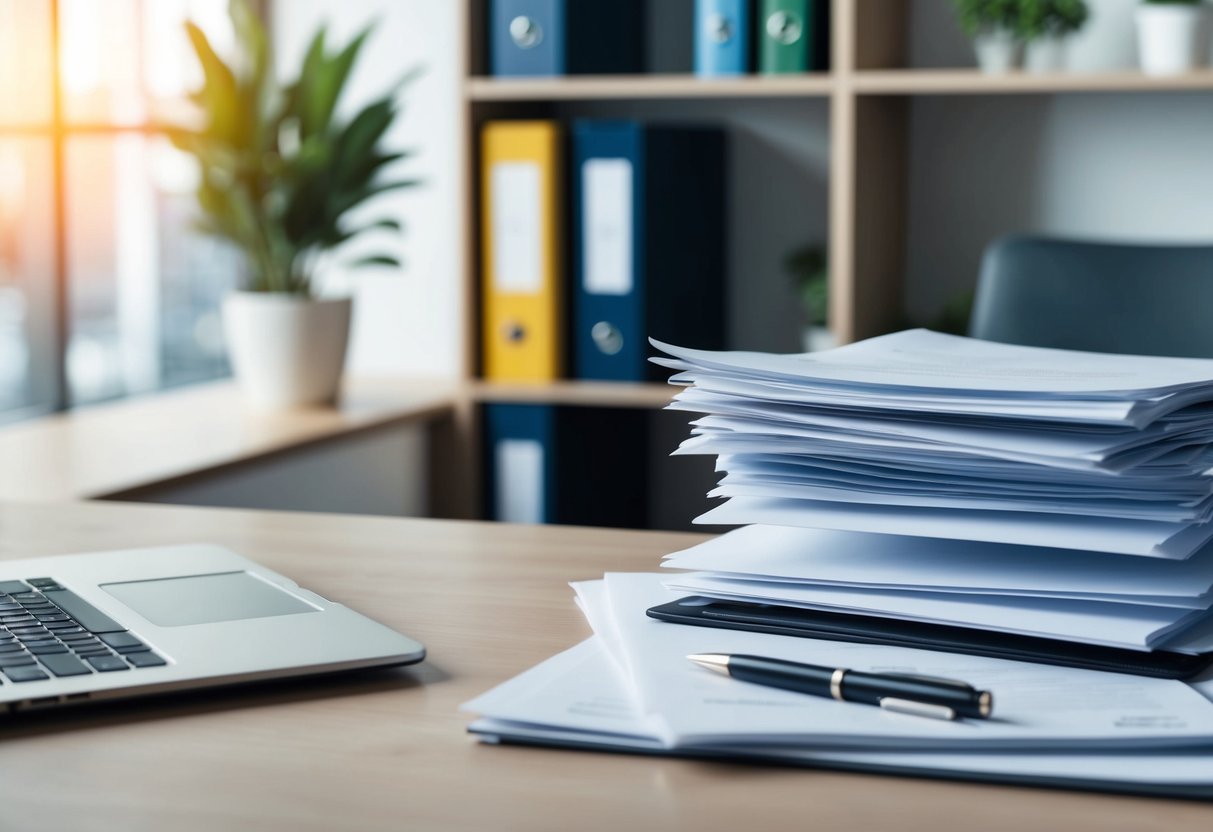 A desk with a stack of papers, a pen, and a laptop. A shelf with binders and a potted plant in the background