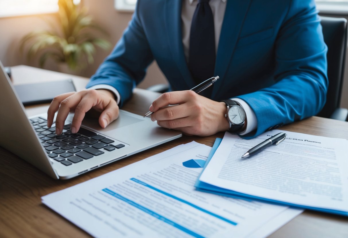 A person sitting at a desk with a laptop, surrounded by legal documents and a pen, looking for free estate planning resources online